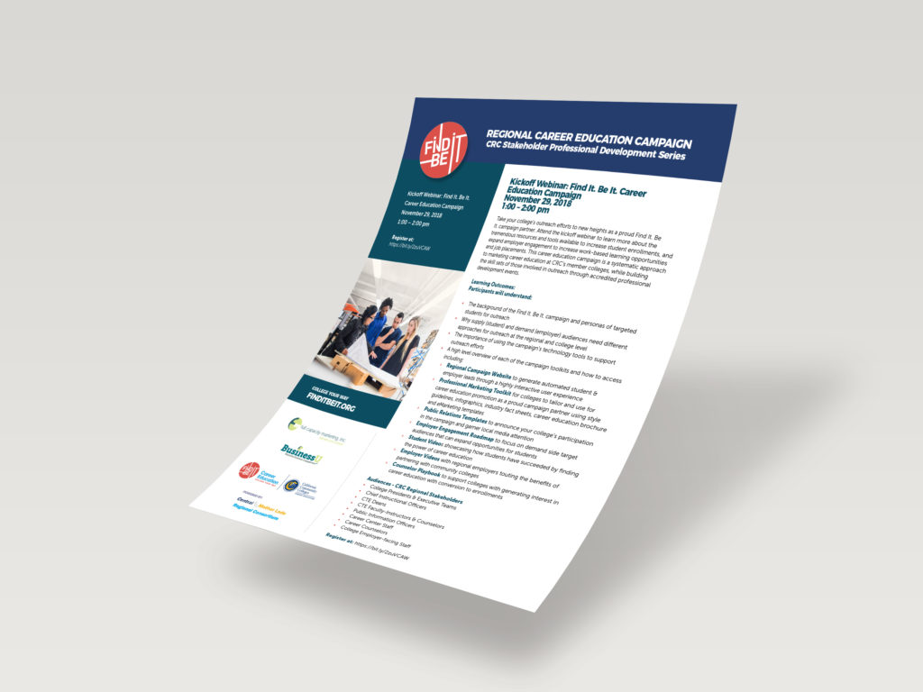 This is FCM portfolio for find It. Be It. Regional CTE Campaign Flyer Mockup