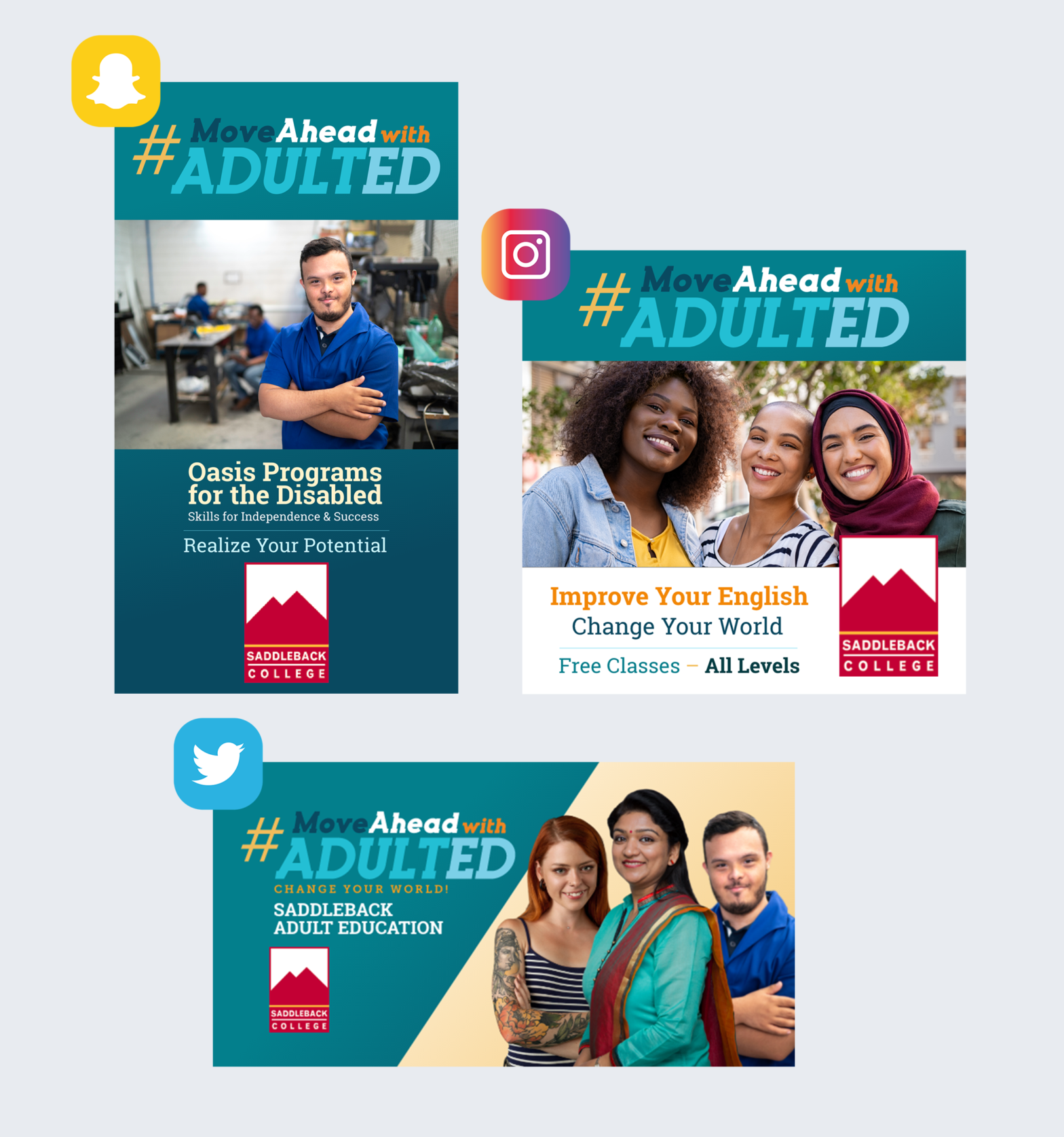 Social media ads portfolio for Saddleback College Adult Ed Campaign